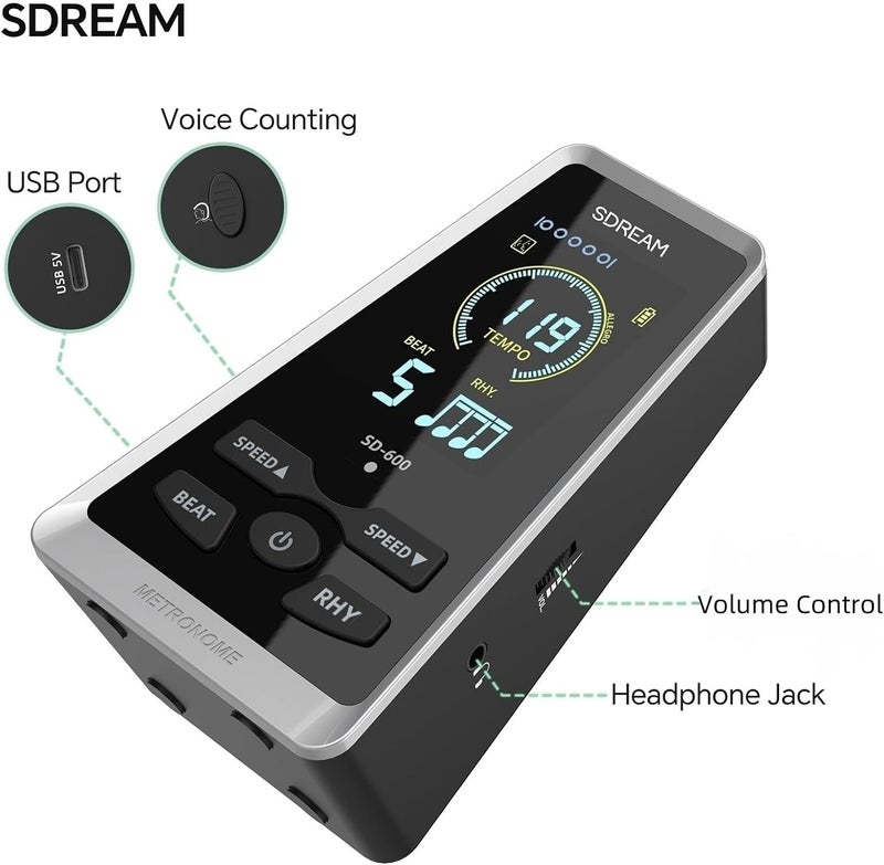 SDREAM Digital Metronome for Piano,Guitar,Violin,Rechargeable LCD Electronic Metronome with Human Voice,Professional Metronome for Beginners & Musicians,Instrument Volume & Beat Speed Adjustable - Image 2